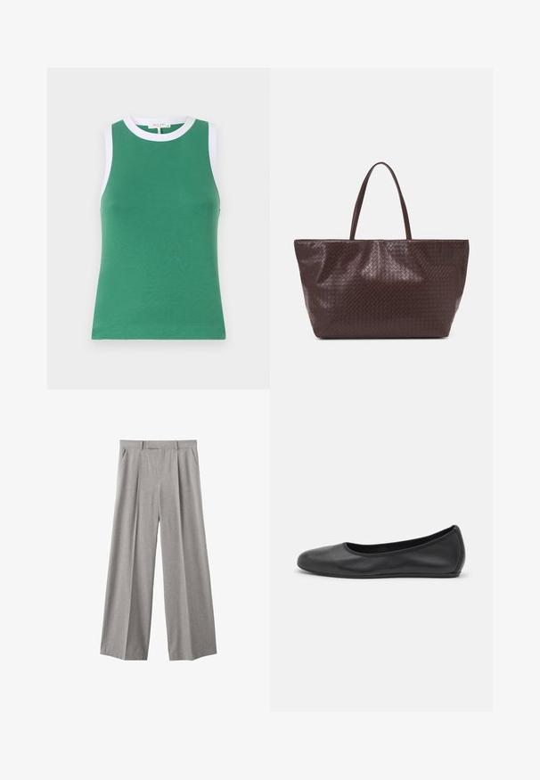 Top verde senza maniche con un design aderente, caratterizzato da un collo a girocollo bianco e rifiniture alle armature, realizzato in un materiale liscio ed elasticizzato.; Camicia a maniche lunghe rosa chiaro con righe verticali bianche e cravatta abbinata. Tessuto liscio, colletto a camicia e maniche con polsini.; Pantaloni a gamba larga grigio chiaro realizzati in tessuto a trama. Presentano pince frontali, una vita aderente e tasche laterali.; Pantofole da balletto nere in pelle con punta arrotondata, texture liscia, dettagli di cucitura minimi e design con suola flessibile.; Borsa tote in pelle intrecciata marrone con due manici, dalla forma strutturata e superficie texturizzata, caratterizzata da un motivo a diamante in tutto il suo corpo.