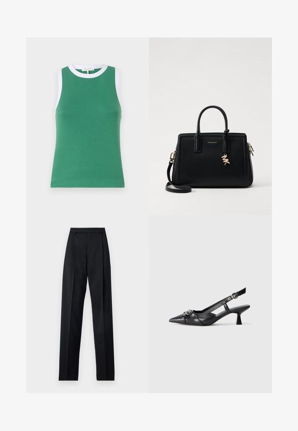 Groen mouwloos topje in een aansluitend ontwerp, voorzien van een witte ronde hals en armsgaten met afwerking, gemaakt van een soepele, rekbare stof.; Zwarte broek gemaakt van gladde stof met een hoge taille, wijde benen, voorplooien en klassieke ceintuurlussen. Geen zijzakken zichtbaar.; Zwarte leren slingback schoen met een puntige neus, decoratieve banden met metalen oogjes en een lage blokhak. Textuur oppervlak.; Zwarte leren handtas met gestructureerd ontwerp, dubbele handvatten aan de bovenkant, afneembare schouderband, gouden hardware en een logo charm accent.