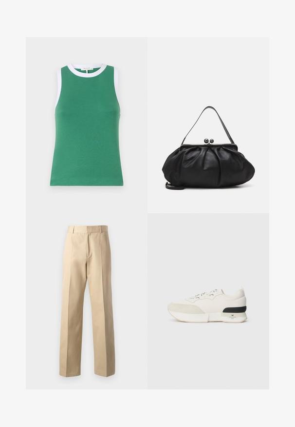 Zaļš bezpiedurkņu tops pieguļošā dizainā, ar baltām apkakles un roku caurumu apmalēm, izgatavots no gluda, elastīga materiāla.; Beidzēti beidžā krāsā bikses ar taisnu kāju dizainu, kas raksturojas ar gludu tekstūru, centrālām priekšējām krokām un klasisku jostasvietu.; Baltie kedas ar teksturētu zamšādu purngalu, gludu acu auduma augšdaļu, dekoratīvu auklu un melnu gumijas papēža akcentu.; Melna ādas rokassoma ar noapaļotu, krokotu dizainu. Iezīmes metāla aizdare ar diviem dekoratīviem lodīšiem un plānu, noņemamu siksnu.