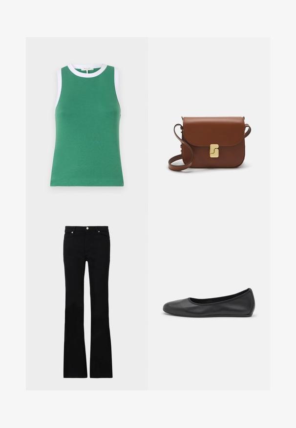 Žalias be rankovių viršus, pritaikytas dizainas, su baltu apykaklės ir rankovių apdaila, pagamintas iš lygaus, elastingo audinio.; Juodi plačios kojų džinsai, pagaminti iš denimo, turintys dvi priekinės kišenes, užsegimą su mygtuku ir lygią tekstūrą. Išsiuvinėjimas matomas siūlėse.; Juodai odiniai baletai su apvaliu pirštu, lygi texture, minimalus siuvimo detales ir lanksčiu padų dizainu.; Ruda odinė rankinė su uždaromu dangteliu, aukso spalvos detalėmis, petneša ir lygiu paviršiumi. Kompaktiška stačiakampio formos.