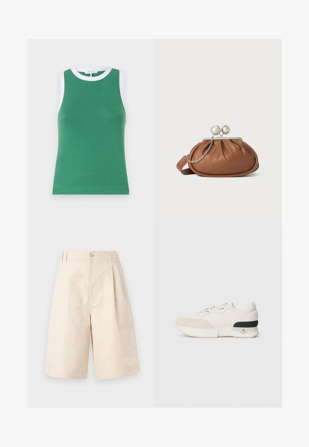 Zielony bezrękawnik o dopasowanym kroju, z białym okrągłym dekoltem i wykończeniami na armach, wykonany z gładkiego, elastycznego materiału.; Beżowe lniane szorty o luźnym kroju, z zapięciem na guzik, plisowanym designie i długości sięgającej kolan. Gładka tekstura i prosty styl.; Białe sneakersy z teksturowanym zamszowym noskiem, gładką siateczkową cholewką, dekoracyjnymi sznurowadłami oraz czarnym gumowym akcentem na pięcie.; Brązowa skórzana kopertówka z srebrnym zapięciem w kształcie kuli oraz małym srebrnym łańcuszkiem na białym tle.