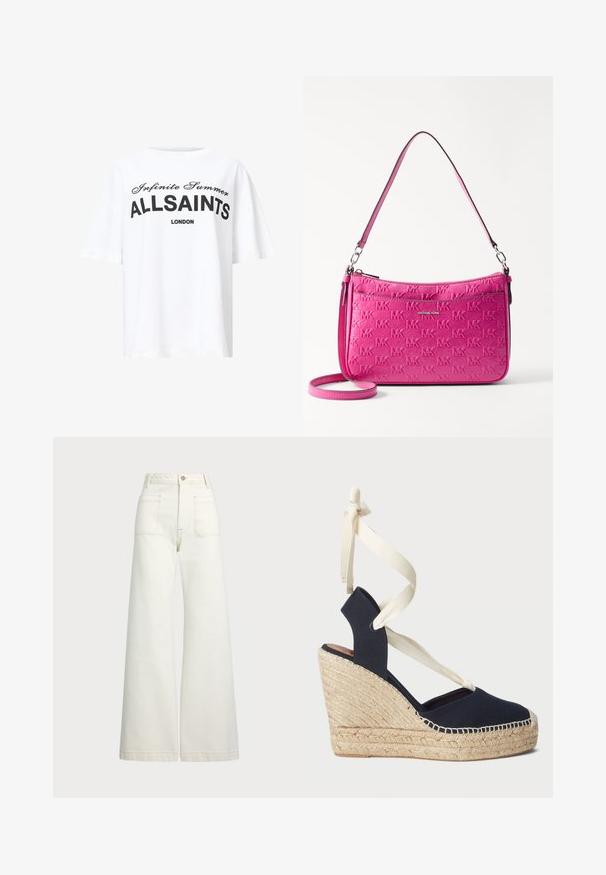 Weißes Baumwoll-T-Shirt mit schwarzem Drucktext "Infinite Summer ALLSAINTS LONDON" in fettem und geschwungenem Schriftzug, lockere Passform, kurze Ärmel.; Weite Jeans aus off-white Denim. Hoch tailliertes Design mit Knopfverschluss, zwei Fronttaschen und kontrastierenden Stickdetails.; Navy Canvas Wedge-Sandale mit einer Espadrille-Seilsohle und cremefarbenen Schleifenbändern am Knöchel. Geschlossener Fersen- und runder Zehenbereich.; Kleine rosa Handtasche aus strukturiertem Leder, mit geprägtem Logo-Muster, einem Reißverschluss und einem verstellbaren Tragegurt.