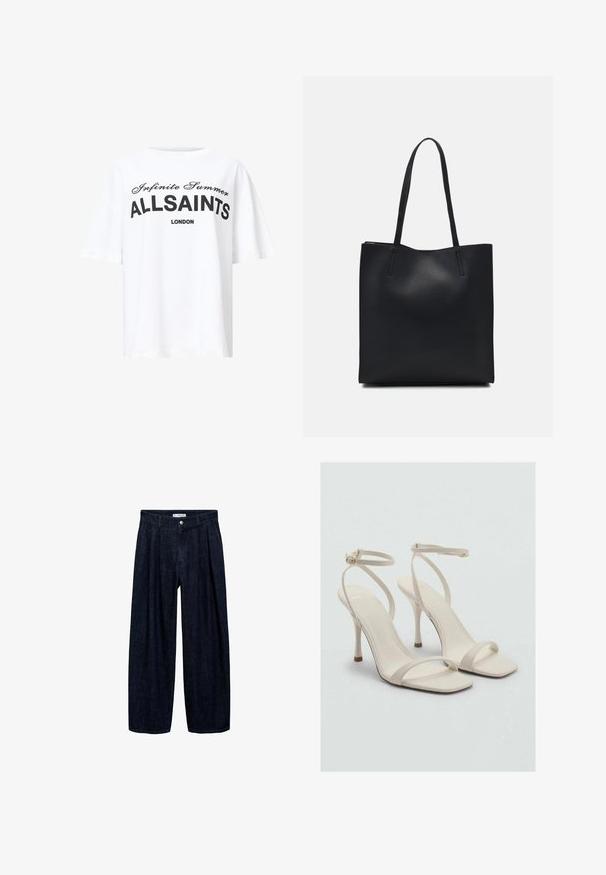Tricou alb din bumbac cu text imprimat negru "Infinite Summer ALLSAINTS LONDON" în fonturi îngroșate și cursive, croială lejeră, mâneci scurte.; Pantaloni largi din denim închis, cu pliseuri la talie, având un button frontal și pasaje pentru curea. Textură netedă și design pe întreaga lungime.; Sandale cu toc înalt bej, cu vârf pătrat și bretele subțiri pentru glezne. Material neted cu un design minimalist, având un toc subțire.; Geantă tote neagră din piele, cu textură netedă, formă rectangulară și două mânere lungi. Fără hardware vizibil sau ornamente.
