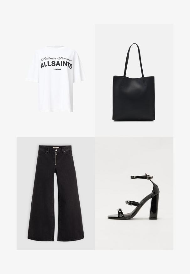 White cotton t-shirt featuring black printed text "Infinite Summer ALLSAINTS LONDON" in bold and script fonts, relaxed fit, short sleeves.; Wide-leg jeans in black denim with a zippered front, five-pocket design, and subtle stitching details. Smooth texture and casual style.; Black patent heeled sandals with a square toe, ankle straps, and silver buckles. Features a chunky block heel for stability.; Black leather tote bag with smooth texture, rectangular shape, and two long handles. No visible hardware or embellishments.