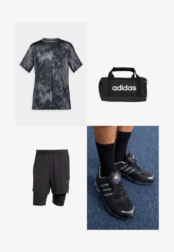 Rövid ujjú póló sötétszürke színben, felhőformájú mintával, sima, könnyű anyagból készült. Jellemzője a kerek nyak és a logós részlet.; Fekete sportnadrág beépített belső résszel, lélegző anyagból készült. Diszkrét logóval és struktúrált textúrával rendelkezik. Állítható derékpánt.; Fekete sportcipők texturált anyagú felsőrésszel, szürke részletekkel és fűzőkkel. Fekete bordás zoknival viselve, kék szőnyeges felületen.; Fekete sporttáska fehér Adidas logóval, tartós anyagból készült. Két fogantyúval és cipzáros záródással rendelkezik. Strukturált felülettel és megerősített aljjal rendelkezik.