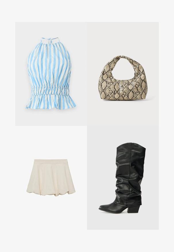 Blue and white striped halter top with gathered bodice, elasticated waist, and ruffled hem. Made of lightweight fabric with a textured finish.; Cream-colored skirt with a soft, smooth texture, flared design, and a scalloped hem. Features a wide, elastic waistband for comfort.; Black leather knee-high boots with a slouched design, pointed toe, and a chunky heel, featuring smooth texture and minimal stitching.; Snake-print handbag with a curved handle. Made from textured, beige and brown materials, featuring a distinctive diamond pattern.