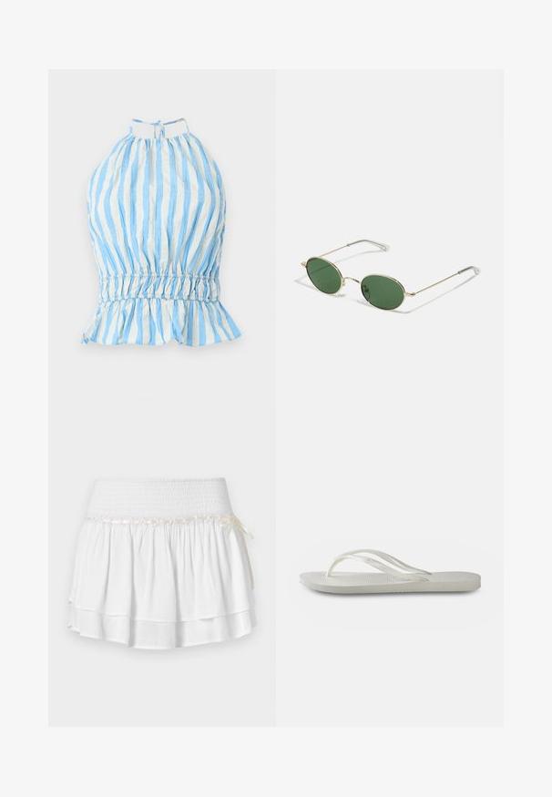 Blue and white striped halter top with gathered bodice, elasticated waist, and ruffled hem. Made of lightweight fabric with a textured finish.; White tiered skirt with an elastic waistband, featuring a textured smocking detail and a decorative ribbon accent. Cotton fabric.; White flip-flop with a textured sole, featuring thin straps and a flat design. Made of rubber with a subtle logo on the footbed.; Gold-framed sunglasses with green oval lenses and thin metal arms. Features clear plastic tips on the arms for comfort.