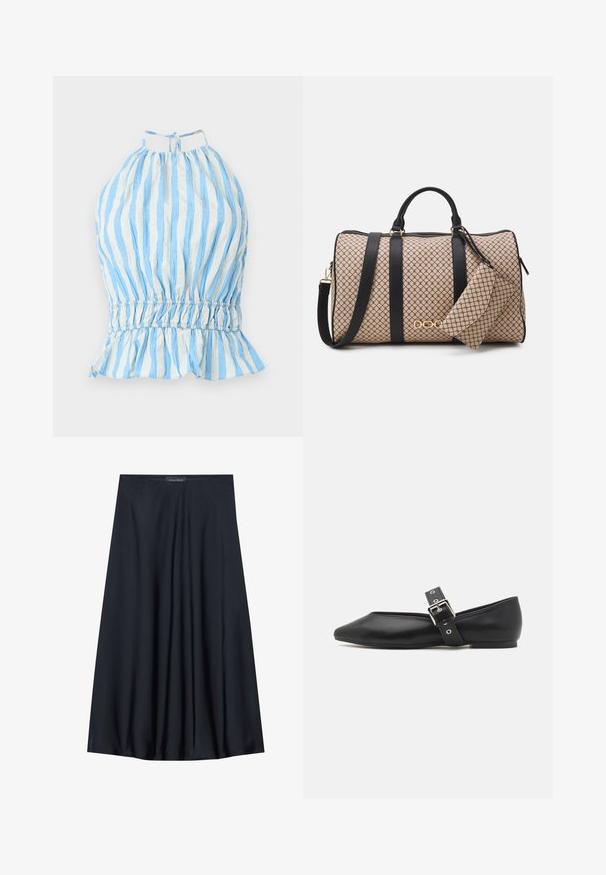Blå og hvid stribet halterneck-top med samlede stofdetaljer, elastisk talje og volangkant. Lavet af letvægtsstof med en tekstureret finish.; Sort, knælang nederdel lavet af letvægtsstof med et svævende design. Har en glat tekstur og subtile plisseringer for en ekstra detalje.; Sorte læder flade sko med spids tå, side rem med en sølv spænde og en lav hæl. Glat tekstur og minimalistisk design.; Duffel taske med en beige mønstret ydre, sorte læderstropper, gyldent hardware og en lille matchende pung fastgjort. Struktureret design.; Guldtonet rektangulær armbåndsur med en hvid skive, sølvtonede time markører og et holdbart metalled. Vandafvisende funktion inkluderet.