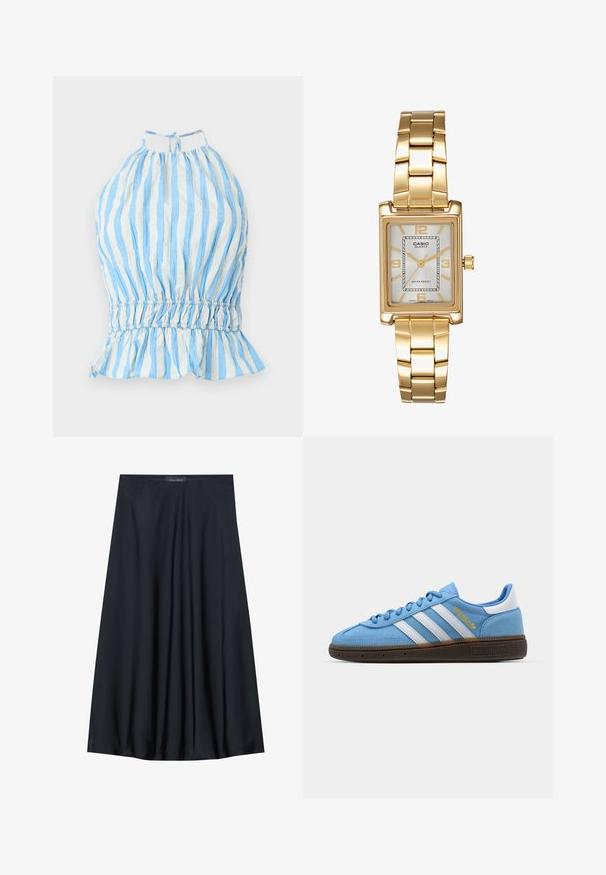 Top halter a righe blu e bianche con scollo a cuore, vita elastica e orlo arricciato. Realizzato in tessuto leggero con finitura texturizzata.; Gonna nera al ginocchio realizzata in tessuto leggero con un design fluido. Presenta una texture morbida e pieghe sottili per un tocco di dettaglio in più.; Sneakers in suede azzurro chiaro con strisce in pelle bianca, suola marrone texturizzata e dettaglio logo dorato. Design basso con punta tonda.; Orologio da polso rettangolare dorato con quadrante bianco, indicatori delle ore in tono argento e un robusto bracciale in metallo. Include la funzione di resistenza all'acqua.