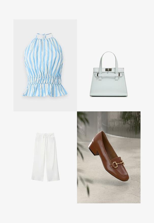 Plava i bijela prugasta haljina na preklop s nabranim dekolteom, elastičnim strukom i nabranim rubom. Izrađena od lagane tkanine s teksturiranim završetkom.; Bijele hlače širokih nogavica od mekanog materijala, s elastičnom trakom u struku i dva prednja džepa. Glatka tekstura i bez vidljivih uzoraka.; Smeđi lakirani loafer s kvadratnim vrhom, metalnim lancem kao naglaskom i niskom blok petom; glatka tekstura, minimalistički dizajn.; Svijetloplavi ručni kovčeg sa strukturiranim dizajnom, dva držača i kopčom od srebrnastog metala. Teksturirani materijal i oštri kutovi.