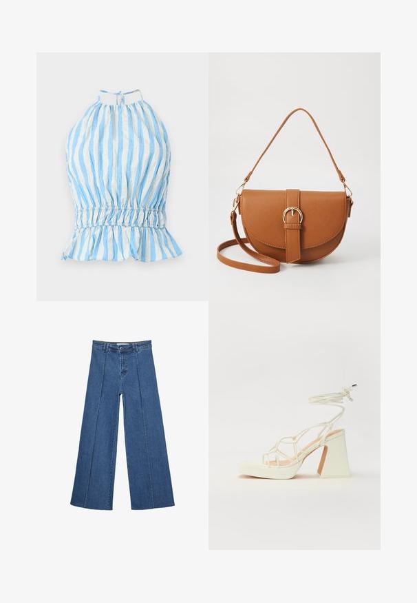 Sininen ja valkoinen raidoitettu halterneck-toppi, jossa on kerätty rintaosa, joustava vyötärö ja röyhelöhelma. Valmistettu kevyestä kankaasta, jossa on teksturoitu pinta.; Korkeat vyötäröiset, keskisiniset, leveiden lahkeiden denim-farkut, joissa on nappikiinnitys ja kontrastiväriset pystysaumadetaileja edessä.; Valkoinen korkokenkä, jossa on paksu korko, ja joka sisältää nauhakiinnityksen ja nilkkaketjun. Sujuva pinta, jossa on platform-etupohja lisäkorkeutta varten.; Ruskean nahkainen olkalaukku, jossa on kaareva muoto, kultaiset yksityiskohdat ja solkiyksityiskohta. Varustettu irrotettavalla olkahihnalla.