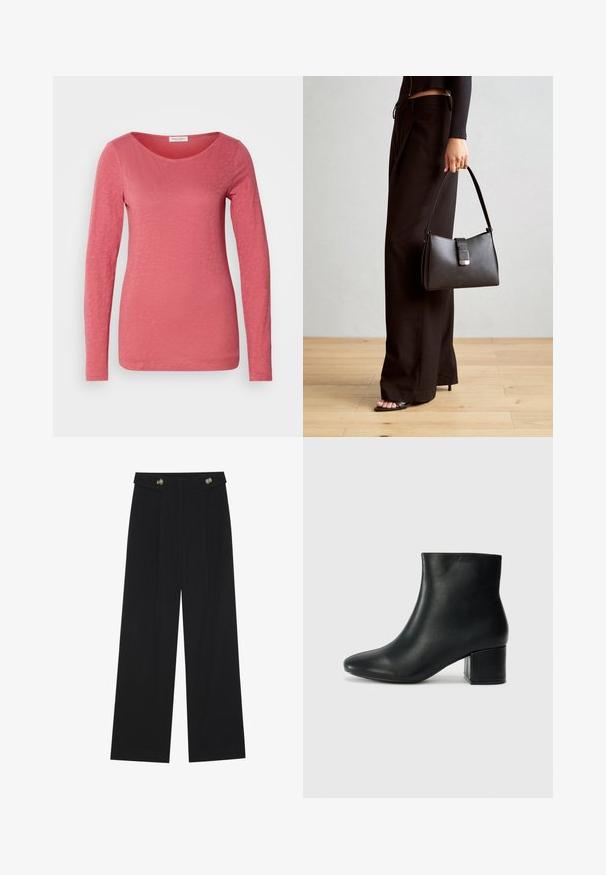 Ilgi piedurkņu tops heathered korallkrāsas audumā, ar plašu kakla izgriezumu un cieši pieguļošu griezumu. Gluda tekstūra ar smalkiem dizaina elementiem.; Melnas platās bikses ar augstu jostasvietu, pogu detaļām uz jostas un priekšējām krokām.; Melna ādas potīšu zābaki ar smailu purngalu un masīlu papēdi. Gluda tekstūra ar minimāliem akcentiem un gludu, pieguļošu dizainu.; Melnā somiņa ar strukturētu formu, gludu tekstūru un metālu sprādzi. Saskaņota ar platām melnām biksēm un sandālēm ar atvērtu purngalu uz koka grīdas.