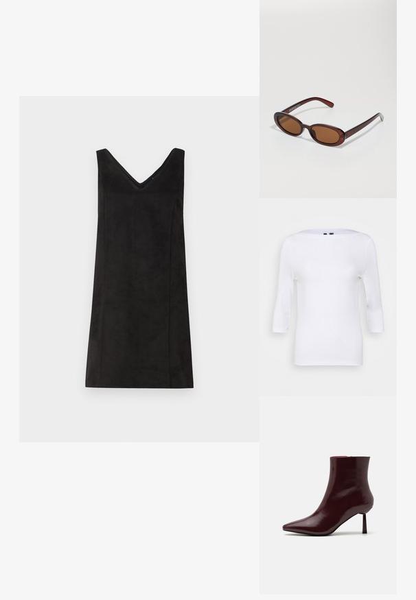 Bjela duga rukava majica s brodom izrezom i prilagođenim oblikom. Napravljen od glatkog materijala s laganom teksturom. Bez vidljivih uzoraka ili akcenata.; Crna haljina bez rukava s V-izrezom, izrađena od mekog materijala, s ravnim krojem i minimalnim detaljima. Glatka tekstura.; Bordo lakirana čizma do gležnja s oštrim vrhom i uskim stiletto potplatom, s glatkom, sjajnom teksturom i minimalističkim dizajnom.; Okvir okruglih, smeđkastih sunčanih naočala s sjajnim burgundskim okvirom. Uski nositelji s suptilnim brendiranjem. Ravna leća.