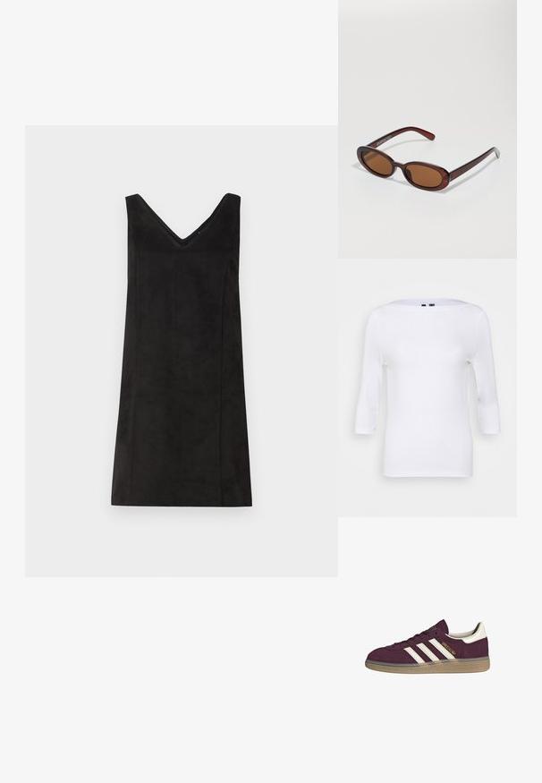 Bílý dlouhý rukáv top s lodičkovým výstřihem a přiléhavým střihem. Vyrobeno z hladkého materiálu s lehkou texturou. Žádné viditelné vzory ani akcenty.; Černé bezramínkové šaty s výstřihem do V, vyrobené z měkkého materiálu, s rovnými liniemi a minimálním zdobením. Hladká textūra.; Bordové semišové tenisky s bílými třemi pruhy a béžovými akcenty. Mají texturovanou gumovou podrážku a zlaté logo na boku.; Kulaté sluneční brýle hnědé barvy s lesklým burgundským rámem. Úzké nožičky s jemným logem. Rovné čočky.; Hnědá pletená kožená kabelka s uvolněným trojúhelníkovým tvarem. Disponuje spleteným uchem a zipovým uzavíráním na vrchu.