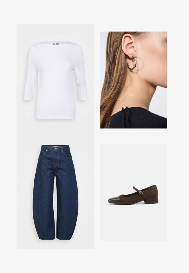 White long-sleeve top with a boat neckline and fitted shape. Made from smooth fabric with a lightweight texture. No visible patterns or accents.; Dark blue denim jeans with a wide, relaxed fit. Features a zip fly, four pockets, and contrasting stitching along seams.; Brown suede Mary Jane shoe with a black patent leather toe cap, adjustable strap, and a low block heel. Smooth texture with minimal accents.; Silver hoop earring with a polished finish, featuring small gold accent details and a round shape, worn on the lobe.
