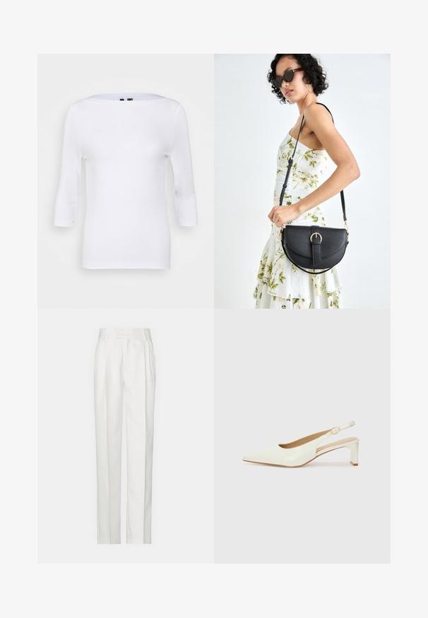 White long-sleeve top with a boat neckline and fitted shape. Made from smooth fabric with a lightweight texture. No visible patterns or accents.; White pinstriped trousers with a straight leg design, made from a lightweight fabric. Features pleats at the front and a traditional waistband.; White patent leather slingback shoe with a pointed toe and a low block heel. Features a subtle strap with a gold-tone buckle detail.; Black leather handbag with a curved shape, detachable strap, and gold hardware. The bag features a flap with a buckle detail.