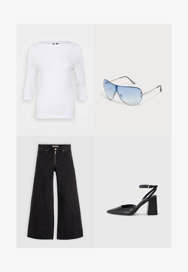 Bjela duga rukava majica s brodom izrezom i prilagođenim oblikom. Napravljen od glatkog materijala s laganom teksturom. Bez vidljivih uzoraka ili akcenata.; Široke traperice od crnog denima s prednjim zatvaračem, dizajnom s pet džepova i suptilnim detaljima šivanja. Glatka tekstura i ležeran stil.; Crne kožne cipele s špicastim vrhom, remenom oko gležnja i debelim potplatom. Ravna tekstura, elegantan dizajn i minimalistička estetika.; Naočale tipa avijatičar s gradijentnim plavim staklima, okvirom od srebrnog metala i dekorativnim zvjezdastim naglascima na staklima. Glatki i elegantni dizajn.