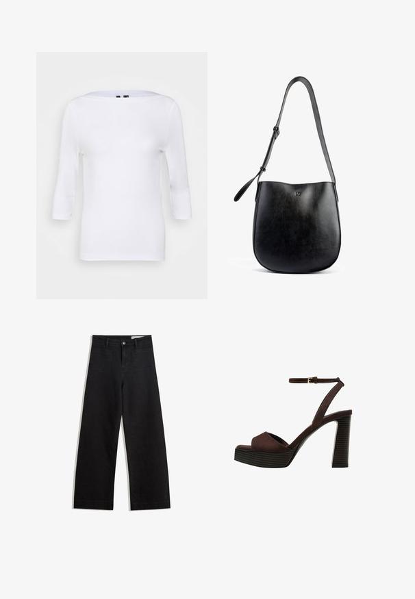Top alb cu maneci lungi, decolteu tip bărcuță și formă ajustată. Fabricat dintr-un material neted, cu o textură ușoară. Fără modele sau accente vizibile.; Pantaloni din denim negri cu picioare largi, cu talie înaltă, având buzunare frontale și posterioare, cusături dublate și închidere cu nasture. Textură netedă.; Sandal cu toc înalt din suede maro, cu vârf deschis, curea ajustabilă la gleznă și talpă cu dungi.; Geantă de mână din piele neagră, cu o textură netedă, formă curbă, curea ajustabilă și un logo subtil embossat pe față.
