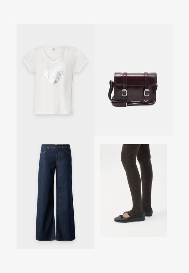 T-shirt bianco con scollo a V, caratterizzato da un design a cuore con motivo zebra argentato al centro. Maniche corte, materiale in cotone morbido.; Jeans a gamba larga in denim blu scuro. Presentano cuciture a contrasto, cinque tasche e una chiusura con bottone in vita. Texture morbida.; Scarpe nere a flat con un piccolo fiocco sulla punta, abbinate a collant a coste marrone scuro. Le scarpe hanno una texture liscia e un profilo basso.; Borsa a tracolla in pelle verniciata bordeaux con forma rettangolare, due manici, accessori in argento e chiusura a patta.