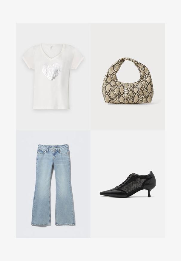 White T-shirt with a V-neck, featuring a silver zebra-pattern heart design at the center. Short sleeves, soft cotton material.; Light blue flared jeans with a faded finish, five-pocket design, and contrasting stitching. Cotton denim with a smooth texture.; Black pointed-toe shoe with a mesh panel design, featuring a low heel and lace-up front. Made from a combination of leather and mesh material.; Snake-print handbag with a curved handle. Made from textured, beige and brown materials, featuring a distinctive diamond pattern.