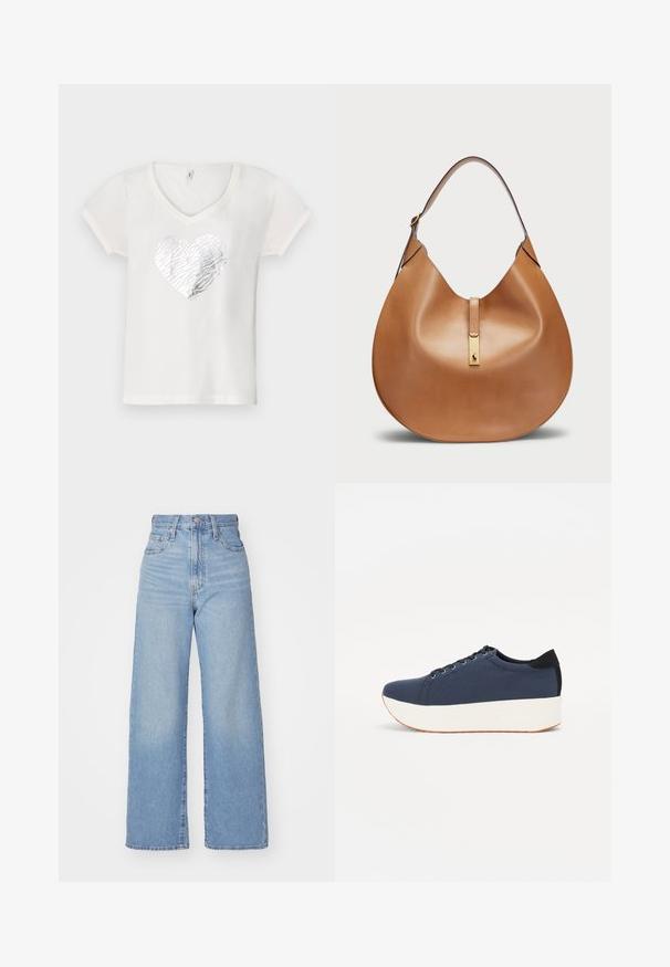 Camiseta blanca con cuello en V, que presenta un diseño de corazón con patrón de cebra plateado en el centro. Manga corta, material de algodón suave.; Jeans de tiro alto y pernera ancha en azul claro, con cierre frontal de botón y cremallera, y bolsillos delantero y trasero, sobre un fondo blanco.; Zapatilla de color azul marino con parte superior de tejido texturizado, suela de plataforma blanca, punta redondeada y acento en el talón negro. Cuenta con seis ojales para los cordones.; Bolso de mano de cuero marrón claro con forma curva y una amplia correa para el hombro. Presenta un acento de metal dorado en el centro y una textura suave.