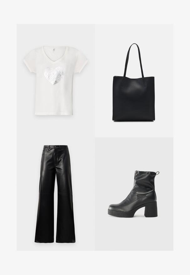 T-shirt branca com decote em V, apresentando um desenho de coração em padrão de zebra prateado ao centro. Mangas curtas, material de algodão macio.; Calças largas de imitação de couro pretas, de cintura alta, com botão frontal, fecho de correr, passadores de cinto e bolsos laterais sobre fundo branco.; Botas de tornozelo pretas feitas de couro liso, com fecho lateral, salto grosso texturizado e design de bico arredondado.; Bolsa tote preta em couro com textura lisa, forma retangular e duas alças longas. Sem hardware ou enfeites visíveis.