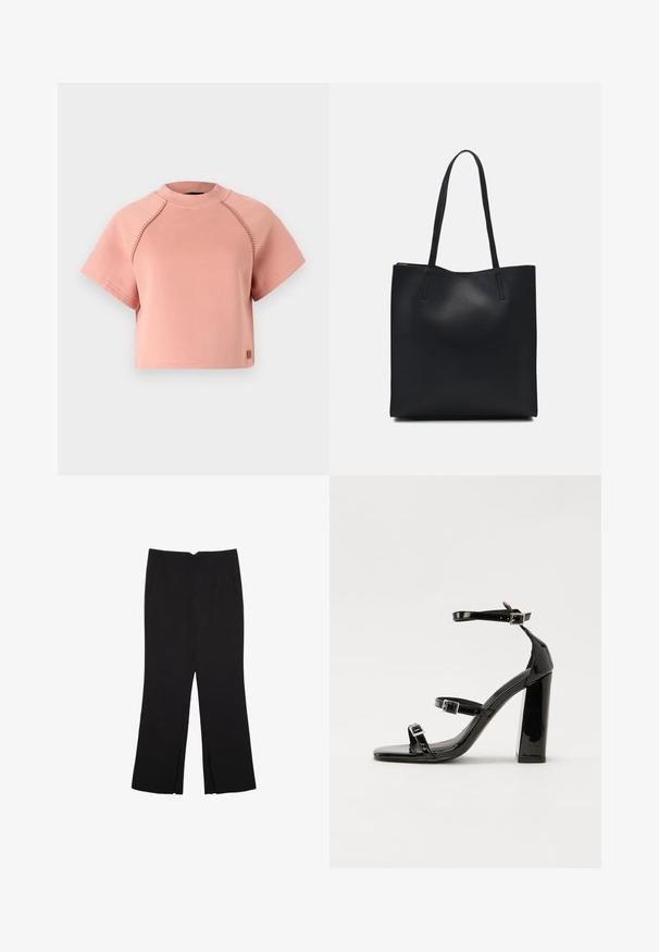 Felpa corta rosa con collo tondo, maniche corte e dettagli di cucitura a contrasto. Presenta un piccolo logo ricamato sul bordo.; Pantaloni neri a gamba dritta, con tasche frontali e spacchi laterali all'orlo. Realizzati in tessuto morbido e liscio. Adatti a diverse occasioni.; Sandali con tacco in vernice nera, con punta squadrata, cinturini alla caviglia e fibbie in argento. Presentano un tacco a blocco spesso per maggiore stabilità.; Borsa tote in pelle nera con texture liscia, forma rettangolare e due manici lunghi. Nessun hardware o decorazione visibile.