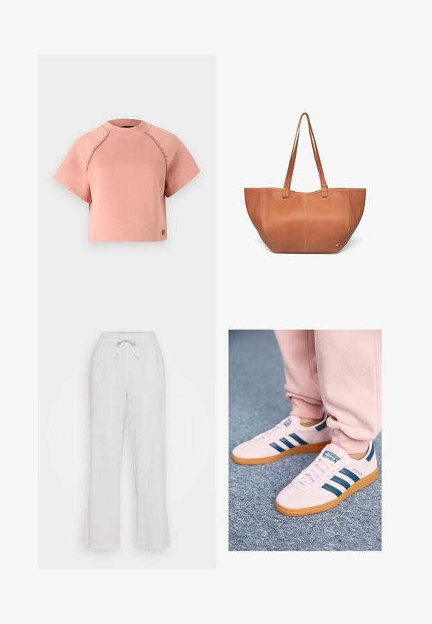 Różowy krótki sweatshirt z okrągłym dekoltem, krótkimi rękawami i kontrastowymi szwami. Posiada małą naszywkę z logo na dole.; Białe lniane spodnie z elastycznym pasem, w luźnym kroju i prostych nogawkach. Gładka tekstura, bez widocznych wzorów lub akcentów.; Jasnoróżowe zamszowe sneakersy z ciemnoniebieskimi skórzanymi paskami i gumową podeszwą. Cechy to płaskie sznurowadła oraz logo na boku i języku.; Skórzana torba tote w kolorze brązowym, z dwiema długimi rączkami, zaokrąglonym kształcie, gładkiej fakturze oraz subtelnych detalach szycia. Brak widocznych elementów metalowych lub akcentów.