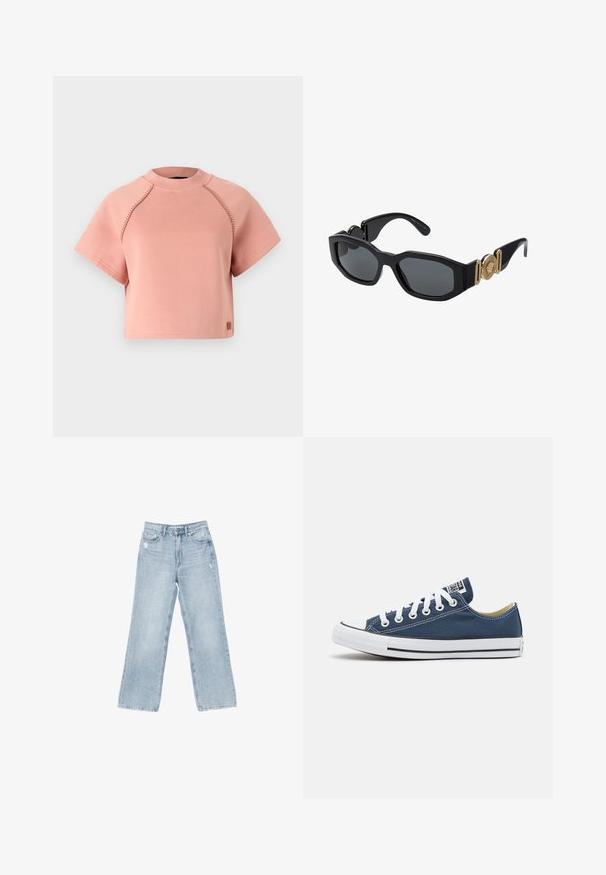 Ružový skrátený sveter s okrúhlym výstrihom, krátkymi rukávmi a kontrastným šitím. Obsahuje malú nášivku loga na leme.; Svetlomodré denimové džínsy s širokým strihom, poškodenými detailmi, päť vreckami a zipsovým zapínaním.; Plátené tenisky v námorníckej modrej farbe s bielymi očkami a šnúrkami, s bielym gumeným špicom a čiernym pruhom pozdĺž podrážky.; Čierne slnečné okuliare s masívnym geometrickým rámom, tmavými šošovkami a zlatými kovovými akcentmi na stranách, ktoré majú okrúhly emblém.