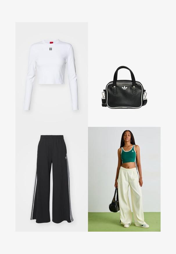 White long-sleeve crop top made of cotton, featuring a round neck and a small black "HUGO" logo on the chest. Smooth texture with fitted design.; Black wide-leg sweatpants with an elastic waistband, featuring white side stripes and an embroidered logo on the left thigh.; Green cropped tank top with white trim, paired with wide-leg cream trousers. Model holds a small black bag. Simple sneaker shoes.; Black leather handbag with two short handles, silver hardware, white accents, and a white logo. Features a textured surface and compact design.