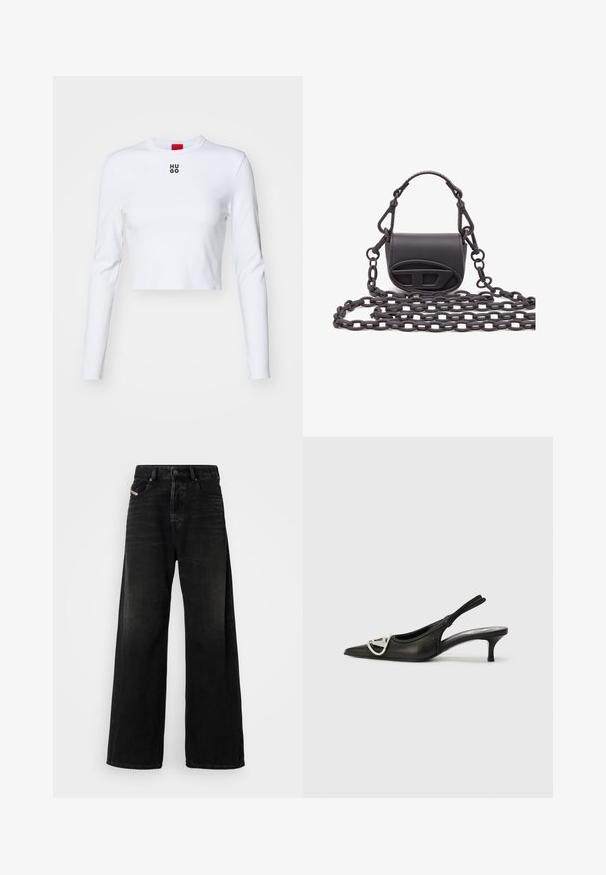 Balta ilga rankovė cropped marškinėliai, pagaminti iš medvilnės, su apvalia iškirpte ir mažu juodu "HUGO" logotipu ant krūtinės. Lygi tekstūra ir prigludusi forma.; Plačios juodos džinsinės kelnės su aukštu liemeniu, turinčios mygtuką, priekinėmis kišenėmis ir išblukusia faktūra.; Juodas odinis šlepetės tipo batai su smailiu pirštu, su sidabro logotipo akcentu ir mažu kulnu. Lygus paviršius ir minimalistinis dizainas.; Mažas juodas rankinės pagamintas iš lygaus odos, su apvalia forma, priekyje esantį logotipą akcentuojančiu elementu ir tekstūruotu grandinės dirželiu.