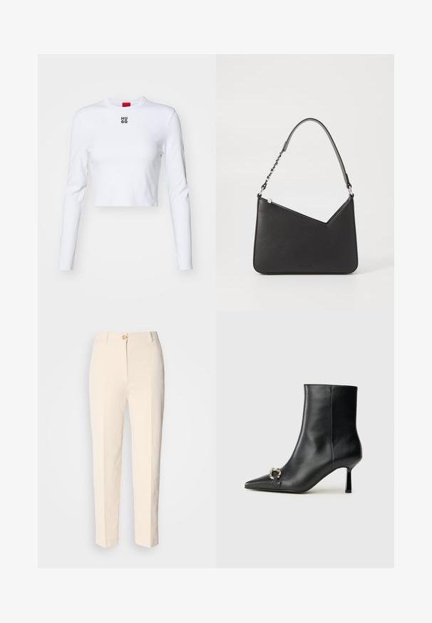 Bílé dlouhé rukávy crop top vyrobený z bavlny, s kulatým výstřihem a malým černým logem "HUGO" na hrudi. Hladká textura a přiléhavý design.; Krémové, vysoké kalhoty vyrobené z texturované látky. Obsahují přední zapínání na knoflík a zúžené nohavice.; Černá kožená kotníková bota s špičatou špičkou, úzkým středně vysokým podpatkem a stříbrnou sponou na straně, na jednobarevném pozadí.; Černá kožená kabelka trojúhelníkového tvaru, se štíhlým popruhem a stříbrnými kovovými prvky. Obsahuje zipové uzavření a embosované logo na přední straně.