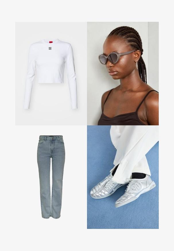 White long-sleeve crop top made of cotton, featuring a round neck and a small black "HUGO" logo on the chest. Smooth texture with fitted design.; Light blue high-waist straight-leg jeans with front button and zipper closure, five pockets, and belt loops.; Silver athletic shoes with a smooth, shiny finish, featuring a stitched design and the number 90 on the side, paired with white pants.; Gray oversized sunglasses with a rounded shape and dark lenses. Sleek plastic frame with a smooth finish. Model has braided hair.