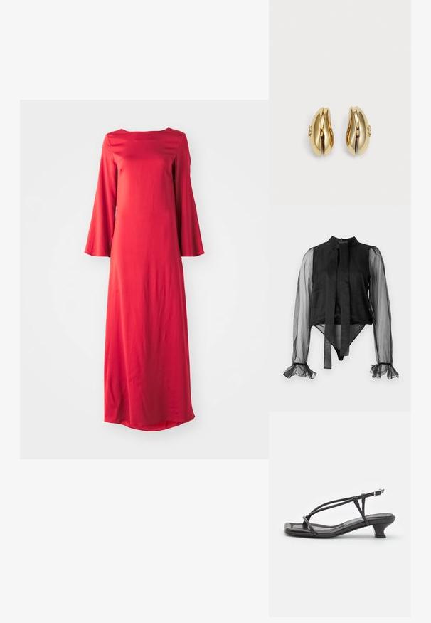 Musta body, jossa on läpinäkyvät pitkähihaiset hihat, korkea kaulus ja sidottu etuosa. Sisältää röyhelöhihoja ja sileää kangasrakennetta.; Pitkä punainen mekko kevyestä kankaasta, jossa on laaja venepääntie ja leveät kellohihat. Liukas pinta ja suora siluetti.; Musta nahkasandaali ohuilla remmeillä, matalalla lohkokannalla ja neliönmuotoisella varpaalla. Varustettu soljella ja sileällä pinnalla.; Korvatekniikalla muotoillut kultasävytteiset korvakorut. Jokaisessa korvakorussa on sileäpintainen pinta ja pieni lukko, jossa on koristeellinen yksityiskohta.