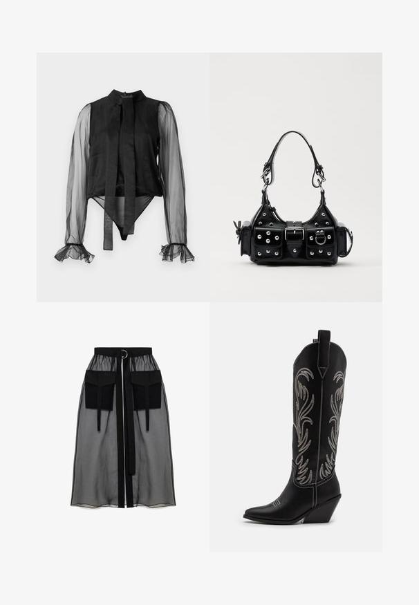 Body negru cu mâneci lungi transparente, guler înalt și detaliu legat în față. Include manșete volă și o textură de material neted.; Fustă neagră transparentă cu un talie plisată, având două buzunare mari în față, un cordon pentru talie și un accent metalic circular.; Bocanci de cowboy din piele neagră, cu vârfuri ascuțite, toc wedge și modele florale brodate cu fir argintiu de-a lungul tijei. Cusături în contrast pe întreaga suprafață.; Geantă de piele neagră cu un design curbat, dotată cu studuri argintii, o cataramă și două buzunare laterale. Curea ajustabilă pentru opțiuni de transport.