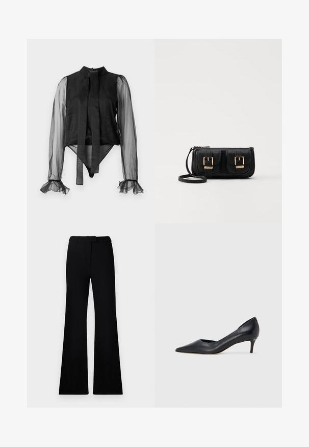 Black bodysuit with sheer long sleeves, a high collar, and a tied front detail. Features ruffled cuffs and smooth fabric texture.; Black flared pants featuring a smooth texture, tailored waistband, and front pockets, designed with a sleek, modern silhouette.; Black leather pump with a pointed toe and low heel. Features a smooth texture and subtle sheen. Open cut at the front for added detail.; Black leather crossbody bag with two front pockets, gold buckles, zipper closure, and a slim strap. Textured surface and compact rectangular shape.