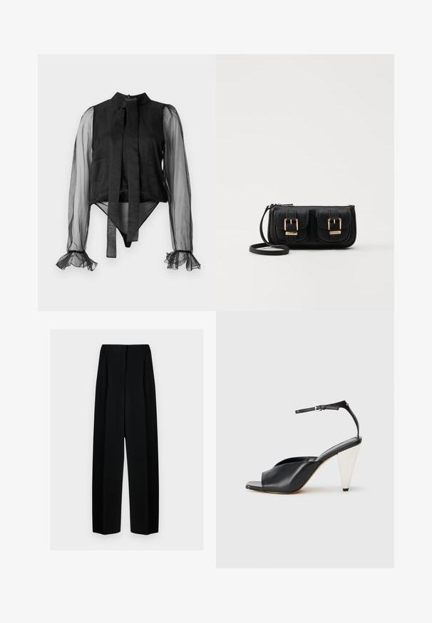 Black bodysuit with sheer long sleeves, a high collar, and a tied front detail. Features ruffled cuffs and smooth fabric texture.; Black wide-leg trousers with a high waist, featuring pleats and a smooth texture. The fabric appears lightweight and drapes elegantly.; Black leather high heel sandal with open toe, asymmetrical design, ankle strap, and a metallic cone-shaped heel. Smooth texture throughout.; Black leather crossbody bag with two front pockets, gold buckles, zipper closure, and a slim strap. Textured surface and compact rectangular shape.