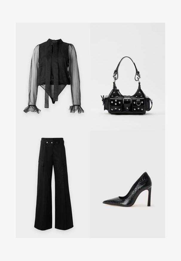 Fekete body áttetsző hosszú ujjakkal, magas gallérral és megkötős elemmel. Ráncos mandzsettákkal és sima szövettextúrával rendelkezik.; Fekete, bő szárú nadrág magas derékkal, nagyméretű oldalsó zsebekkel, két elülső gombbal és hurok részlettel. Tartós anyagból készült.; Fekete hegyes orrú magassarkú cipő krokodilbőr textúrával, letisztult dizájnnal, magas tűsarkú és sima fekete belső résszel.; Fekete bőr kézitáska ívelt designnal, ezüst szegecsekkel, csattal és két oldalsó zsebbel. Állítható vállpánt a hordozási lehetőségekhez.