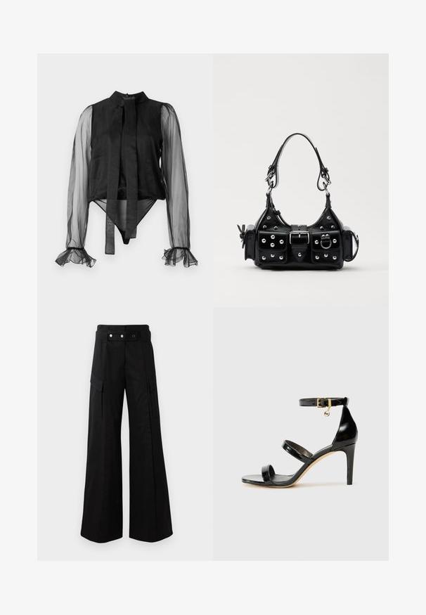 Black bodysuit with sheer long sleeves, a high collar, and a tied front detail. Features ruffled cuffs and smooth fabric texture.; Black wide-leg pants with a high waistband, featuring large side pockets, two front buttons, and a loop detail. Made from sturdy fabric.; Black patent leather sandal with three straps, ankle buckle, and 4-inch stiletto heel. Features gold hardware detail and logo charm.; Black leather handbag with a curved design, featuring silver studs, a buckle, and two side pockets. Adjustable strap for carrying options.