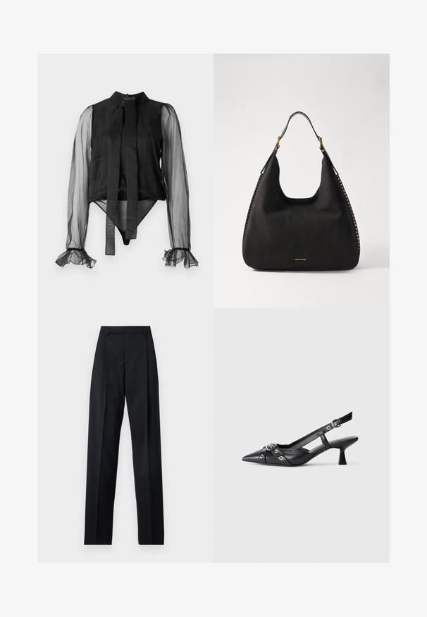 Schwarzer Body mit durchsichtigen langen Ärmeln, hohem Kragen und gebundenem Frontdetail. Mit Rüschensaum an den Ärmeln und glatter Stofftextur.; Schwarze Hosen aus glattem Stoff mit hoher Taille, weitem Bein, vorderen Falten und klassischen Gürtelschlaufen. Keine sichtbaren Seitentaschen.; Schwarzer Leder-Slingback-Schuh mit spitz zulaufender Zehenpartie, dekorativen Riemen mit METALLÖSEN und niedrigem Blockabsatz. Strukturelle Oberfläche.; MICHAEL Michael Kors NOLITA HOBO  - Handtasche - black