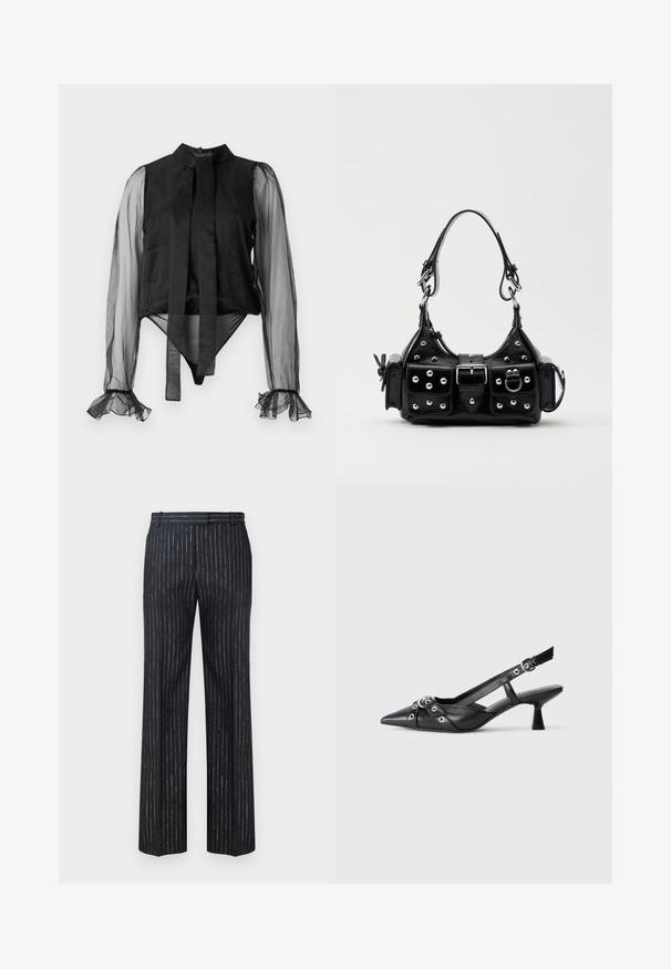 Zwarte catsuit met doorzichtige lange mouwen, een hoge kraag en een gestrikt detail aan de voorkant. Kenmerkt zich door gerimpelde manchetten en een soepele stoftextuur.; Donker gestreepte broek met een wijd uitlopend ontwerp, gemaakt van textuurstof met verticale zilveren streepjes. Platte voorkant en riemlussen.; Zwarte leren slingback schoen met een puntige neus, decoratieve banden met metalen oogjes en een lage blokhak. Textuur oppervlak.; Zwarte lederen handtas met een gebogen ontwerp, voorzien van zilveren studs, een gesp en twee zijvakken. Verstelbare schouderband voor verschillende draagmogelijkheden.