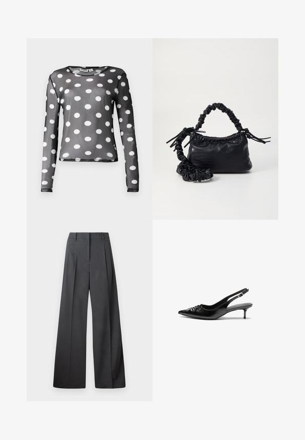 Hosszú ujjú fekete hálós póló nagy fehér pöttyökkel. Kerek nyakkivágással és sima textúrával rendelkezik, testhez simuló fazonnal.; Széles szárú nadrág sötétszürke anyagból, magas derekú, egyes redőkkel, sima textúrával és tiszta befejezéssel a szegélyeken.; Fekete bőrből készült slingback magassarkú cipők hegyes orral, kis francia sarokkal és díszes csomóval az elején. Az egész felületen sima textúra.; Fekete műbőr kézi táska krokodil bőr textúrával, összehúzható tetejű és gyűrt pánttal. Lágy és kompakt dizájnúnak tűnik.