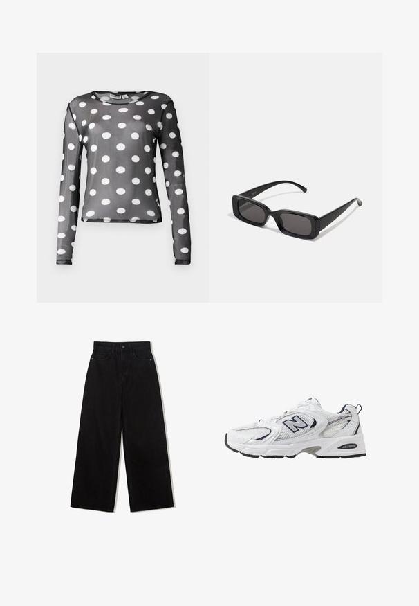 Czarna, długosleeve koszulka z siateczki w duże białe kropki. Posiada okrągły dekolt i gładką teksturę, z dopasowanym krojem.; Czarne, szerokie dżinsy z denimu z wysokim stanem, z pięcioma kieszeniami i pojedynczym zapięciem na guzik z przodu.; Białe sportowe buty z siateczkową cholewką, granatowymi akcentami i wyściełaną podeszwą. Posiadają logo "N", sznurówki oraz teksturowany detal po boku.; Czarne prostokątne okulary przeciwsłoneczne z ciemnymi szkłami, błyszczącym wykończeniem, szerokimi zausznikami i masywną konstrukcją. Wygrawerowana nazwa marki na jednym z zauszników.