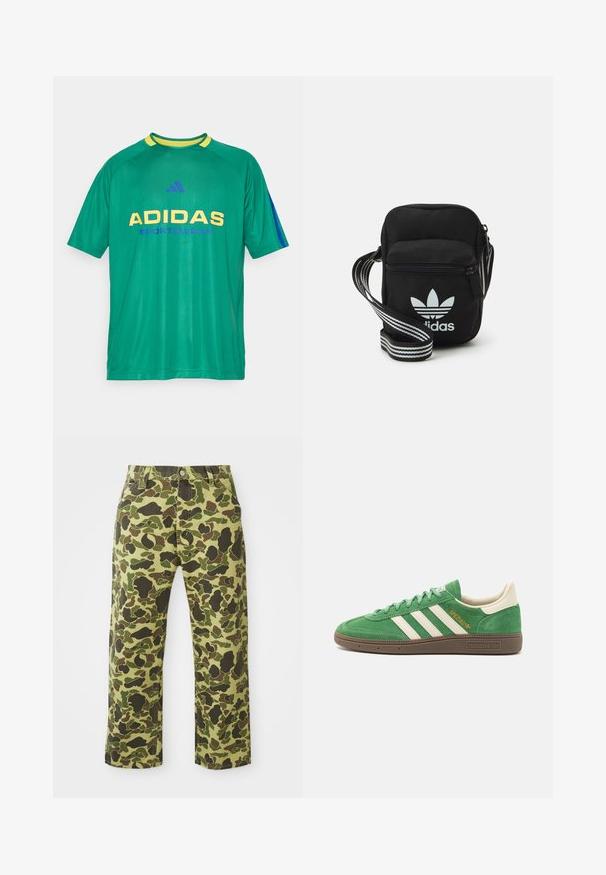 Zeleni športni dres s kratkimi rokavi in rumenimi ter modrimi akcenti. Vključuje velik logotip "ADIDAS" in besedilo "SPORTSWEAR" v kontrastnih barvah.; Kamuflažne hlače z zeleno-rjavo barvno shemo, narejene iz bombaža, s ravnim krojem in sprednjimi žepi.; Zelene zamšene teniske z belim trakom s tremi črtami, kremnimi detajli in rjavim teksturiranim podplatom. "SPEZIAL" vezeno z zlatimi nitmi na strani.; Črna tkaninska torbica čez ramo z zadrgo, ki vsebuje belo Adidasovo logo in pridelano naramnico z več črtami za enostavno nošenje.