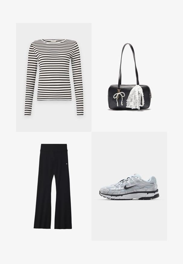 Fekete-fehér csíkos, hosszú ujjú póló kerek nyakkivágással és testhezálló bordázott textúrával. A csíkok szélessége kiegyensúlyozott.; Fekete, harang alakú jóga nadrág rugalmas anyagból, széles derékrésszel és egy kis logóval a csípőnél. Sima textúrájú, minta nélkül.; Nike P-6000 sportcipő, világosszürke hálós felsőrésszel, fekete részletekkel és tartós fekete gumitalppal. Bonyolult dizájnnal és fűzőrendszerrel rendelkezik.; Even&Odd Kézitáska - black