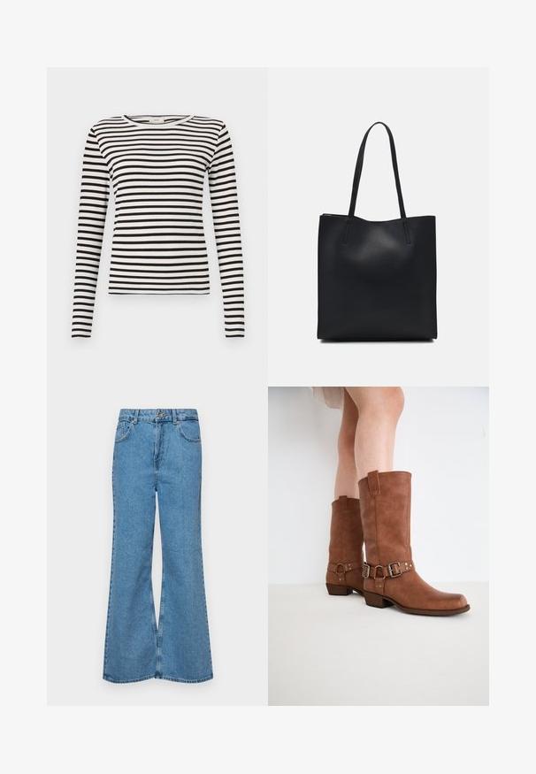 Svart-og-hvitt stripete langermet skjorte med rund hals og tettsittende ribbestruktur. Balansert stripebredde gjennom hele skjorten.; Lyseblå vide jeans laget av denim, med høyt liv, fem lommer og en enkelt knappelukking. Myk tekstur med falmet finish.; Brune læder ankelstøvler med let spidse tæer, dekorative spænder og en lav stablet hæl. Glat tekstur med mat finish.; Svart lær tote bag med glatt tekstur, rektangulær form og to lange håndtak. Ingen synlige deler eller dekorasjoner.