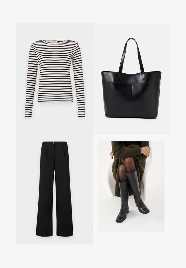 Black and white striped long-sleeve shirt with a round neckline and fitted ribbed texture. Balanced stripe width throughout.; Black high-waist wide-leg trousers with front button and zipper closure, featuring subtle pleats below the waistband.; Knee-high black leather boots with a squared toe and block heel, shown with a model seated in an olive green coat. Smooth texture, minimal detailing.; Black leather tote bag with two long handles, a smooth texture, and a structured shape. Features a front pocket for additional storage.