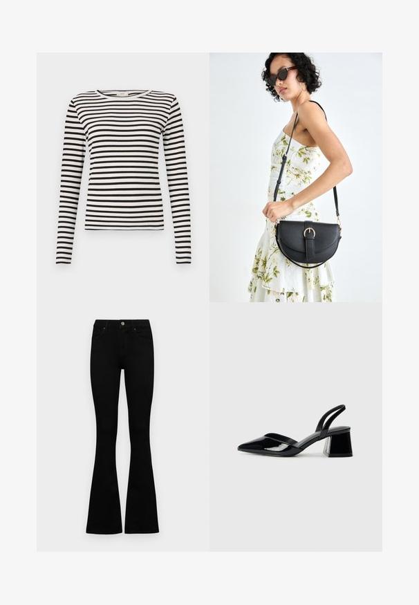 Svart-og-hvitt stripete langermet skjorte med rund hals og tettsittende ribbestruktur. Balansert stripebredde gjennom hele skjorten.; Sorte høytlivsjeans med knapp og glidelås, frontlommer og utsvingte bein liggende flatt på en hvit bakgrunn.; Svarte patentlær slingback hæler med spiss tå og geometrisk blokk hæl. Har et stilrent, minimalistisk design og jevn tekstur.; Svart lærveske med en buet form, avtagbar stropp og gullbeslag. Vesken har et klaff med spenne-detall.