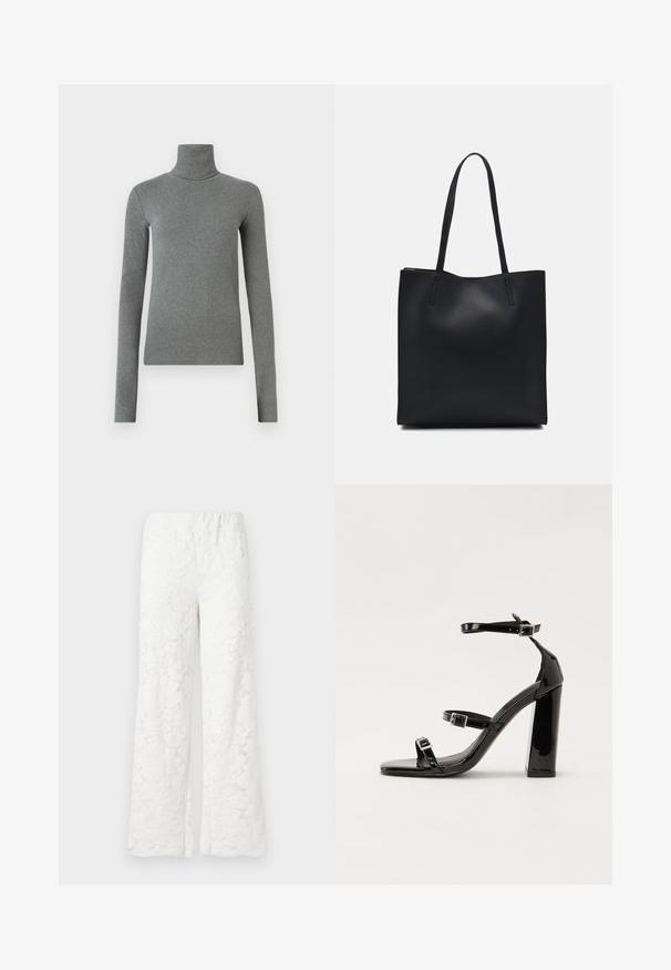 Grå turtleneck-genser laget av glatt, elastisk stoff. Langermet, tettsittende design, minimal tekstur, uten synlige mønstre eller metalldeler.; Hvit blomstret blonde vide bukser med elastisk liv, som har et strukturert stoff og et delikat blomsterdesign overalt.; Svart høyglans sandaler med hæl, firkantet tå, ankelremmer og sølvspenner. Har en kraftig blokkhæl for stabilitet.; Svart lær tote bag med glatt tekstur, rektangulær form og to lange håndtak. Ingen synlige deler eller dekorasjoner.