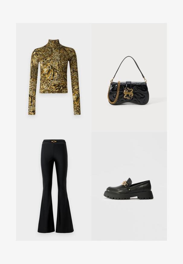 Pitkähihainen poolopaita, jossa on kullankeltaisia ja mustia eläinkuosilla varustettu kangas, sileä pinta ja tiukka muotoilu.; Mustat leveälahkeiset housut, joissa on sileä pinta, vyötärö on istuva ja edessä on kultainen pyöreä yksityiskohta. Valmistettu joustavasta materiaalista.; Musta nahkainen loafers-kengät, joissa on paksu, teksturoitu kumipohja. Kengissä on kultaketjun yksityiskohta varvasosassa ja pyöreä kärkiprofiili.; Mustakko keinonahka käsilaukku, jossa on kohotettu aalto-kuvio, kultasävyinen ketjuolkaint, ja koristeellinen käärmeenkaltainen kiinnitys, jossa on logotietoja.